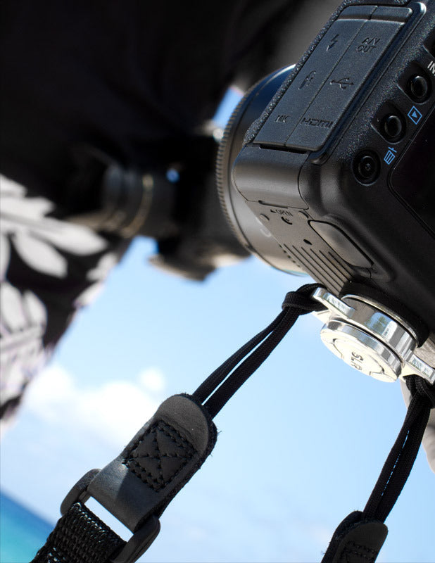 Photographer using C-Loop HD on DSLR camera for tangle-free camera straps