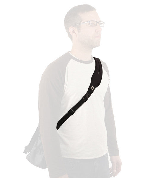 Laptop bag strap on person